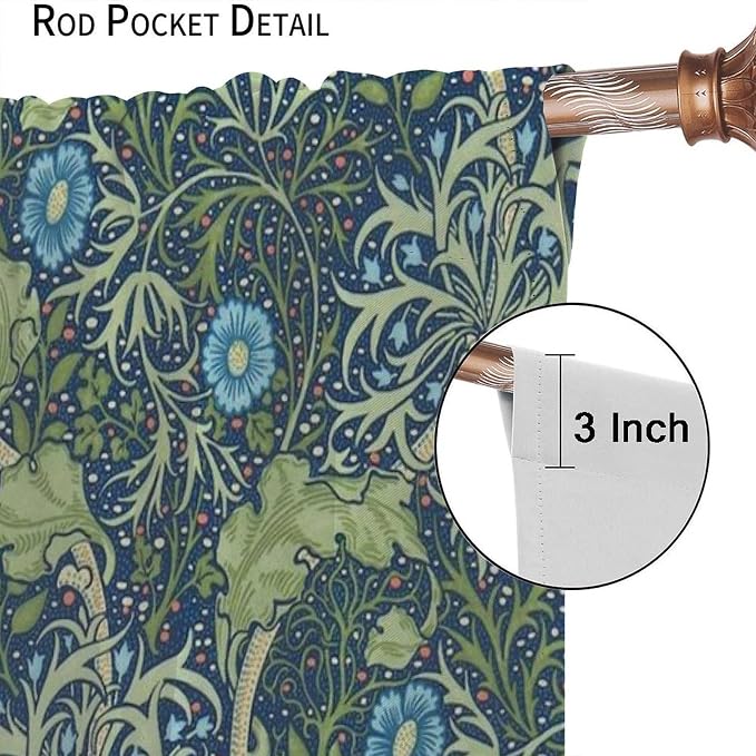 William Morris Floral Blackout Curtains, Country Farmhouse Flower Boho Retro Pattern Window Drapes, for Living Room Bedroom 21(W)*45(L) 2 Panels