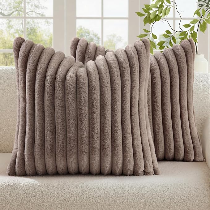 decorUhome Fall Faux Fur Throw Pillow Covers 26x26 Set of 2 Decorative Soft Plush Striped Modern Farmhouse Boho Couch Euro Sham Pillow Cases with Velvet Back for Sofa Bed Living Room, Light Coffee