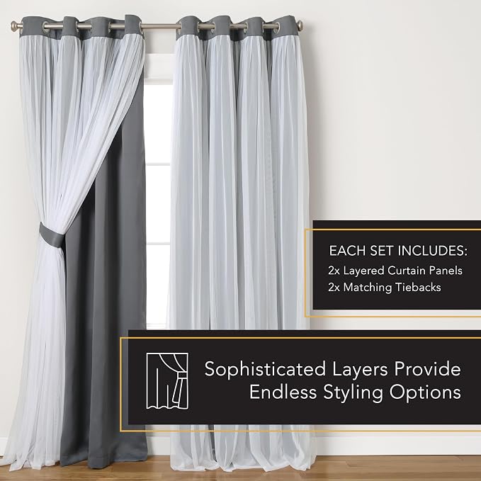 TOWN & COUNTRY LUXE Talia Double Layer Indoor Curtains, Sheer and Room Darkening Blackout, Grommet Top, Energy Efficient, 2-Pack Set, 52"x84", Black Pearl