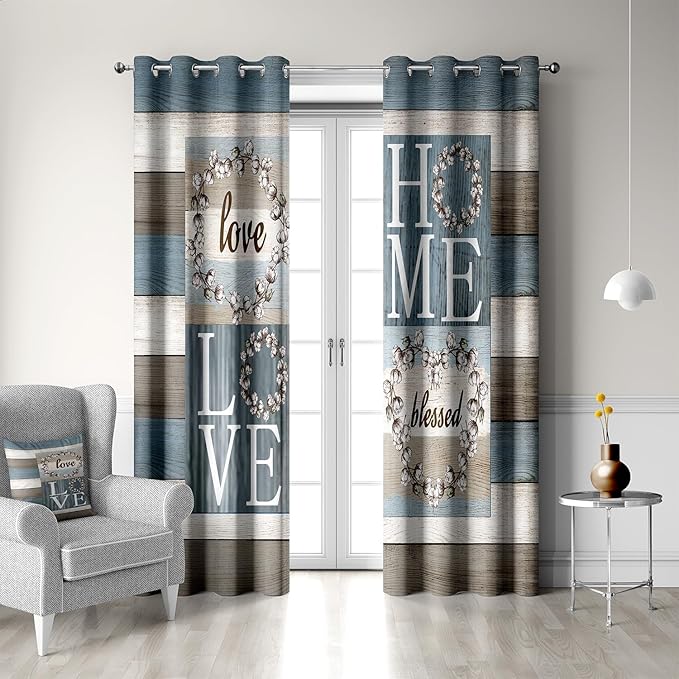 Rustic Floral Flower Sweet Love Home Blackout Curtains, Farmhouse Country Vintage Wood Plank Door Grommet Window Drapes for Living Room Bedroom Decor 2 Panels 52"x96" Inch
