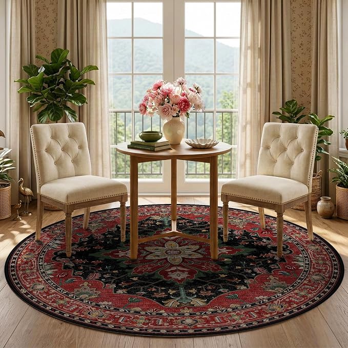 RELEANY Area Rugs Round 5ft Washable Non-Slip, Floral Vintage Distress Medallion Carpet for Living Room Bedroom Dining Room, Red Black