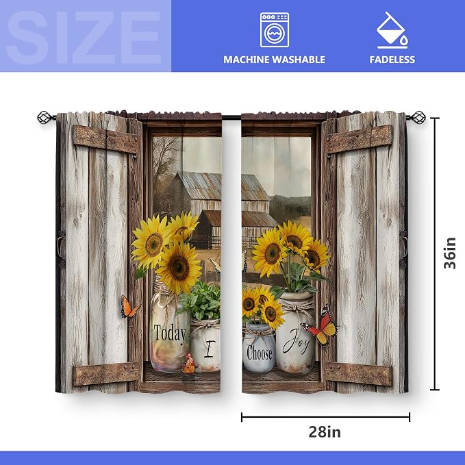 Aimego Wood Sunflower Kitchen Curtains - Retro Cafe Country Small Short Tier Window Curtains for Bathroom Living Room Decor Rod Pocket Window Drapes 36 Inch Length Set 28"x36"