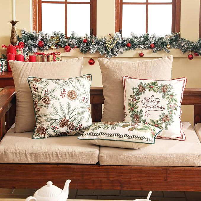 ISAENNE French Chrismas Velvet Throw Pillow Cover,Set of 2,18"x18"-Carol A | Vintage Square Pillow Cover,Concealed Zipper Design,Pinecones Pattern,Sofas,Bedroom,Living Room,Lounge Chairs,Decor
