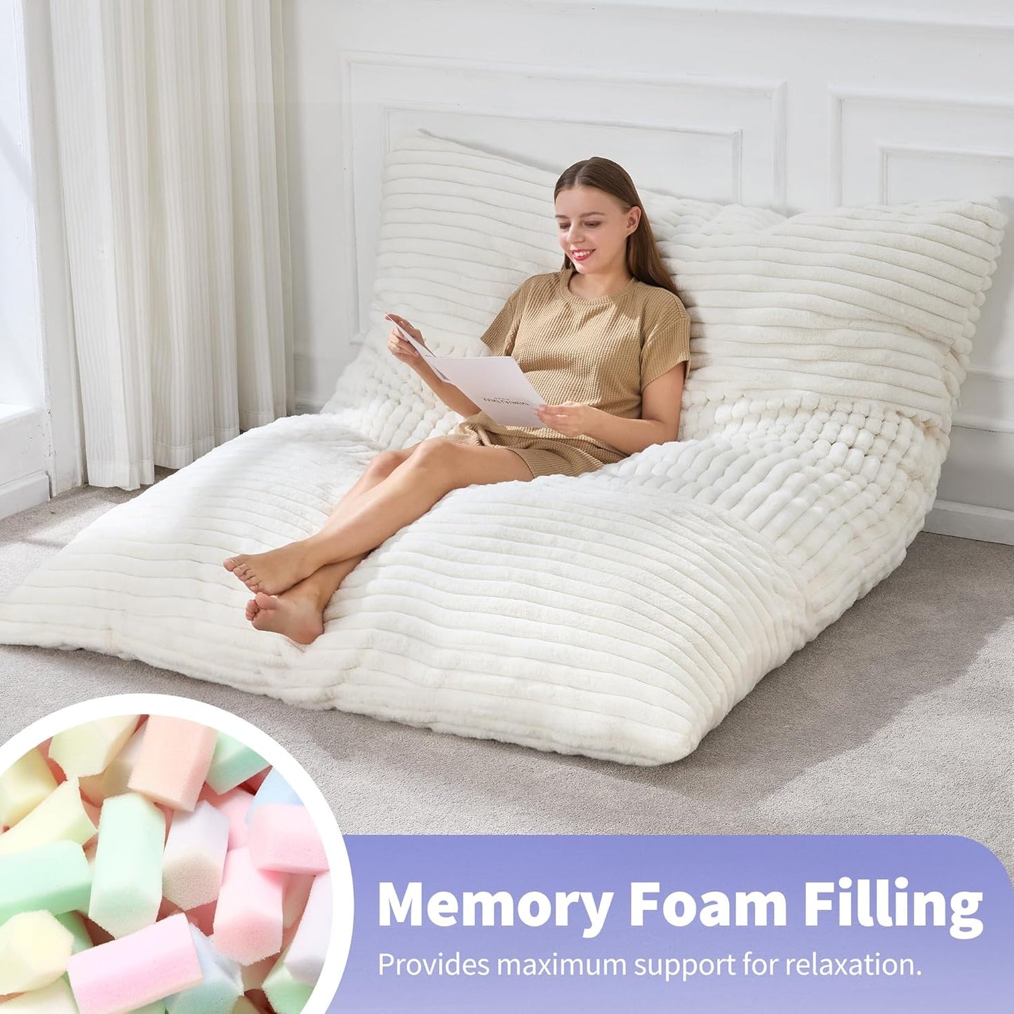 Hobestluk 3 in 1 Bean Bag Chair Giant Bean Bag Chairs Convertible Bean Bag Floor Cushion with Machine Washable Cover, Beanbag Chairs for Adult (White)