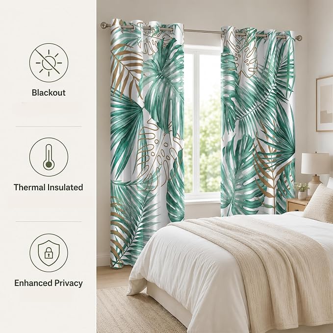 iTapnoom Tropical Palm Leaves Blackout Curtains, Gold and Green Botanical Plants Leaf Window Drapes Darkening Grommet Window Curtains for Living Room Bedroom Decor 2 Panels 52"x84" Inch