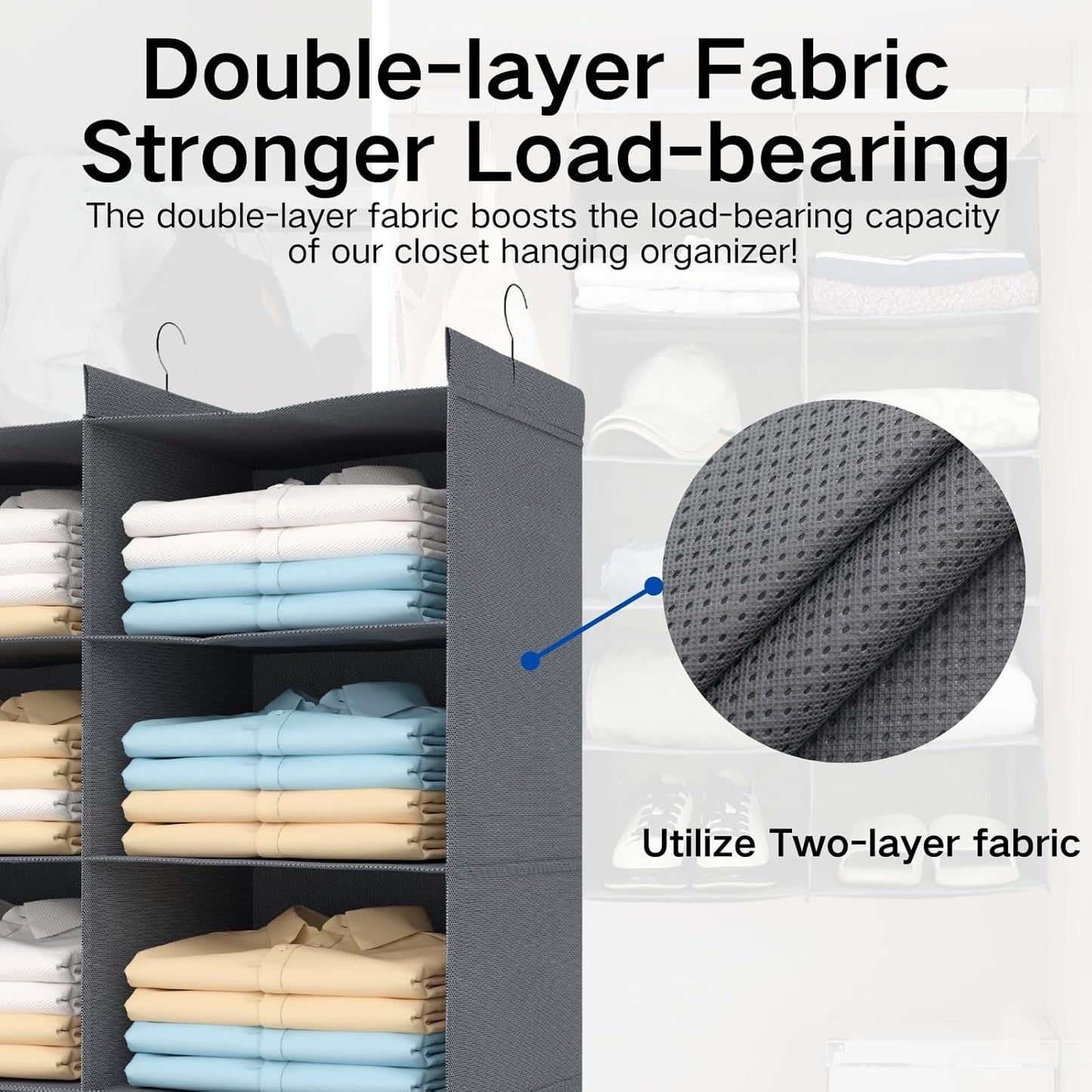 4 Tier Shelf Hanging Closet Organizer, Dual-Row 8 Pocket Cloth Hanging Shelf with 3 Sturdy Hooks for Storage, Foldable (Grey)