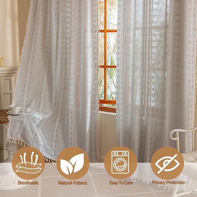 Light Gray Boho 96 inch curtains 2 panel set for Living Room Dining room floor to ceiling , Light Filtering Tassels Privacy Country Vintage Embroidery Bohemian Stripes Window Treatment Back Tab, 50"W