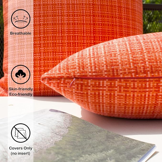 Kevin Textile Pack of 2 Decorative Outdoor Waterproof Throw Pillow Covers Stripe Square Pillowcases Fall Decorative Modern Cushion Cases for Patio Couch Bench 18 x 18 Inch Orange