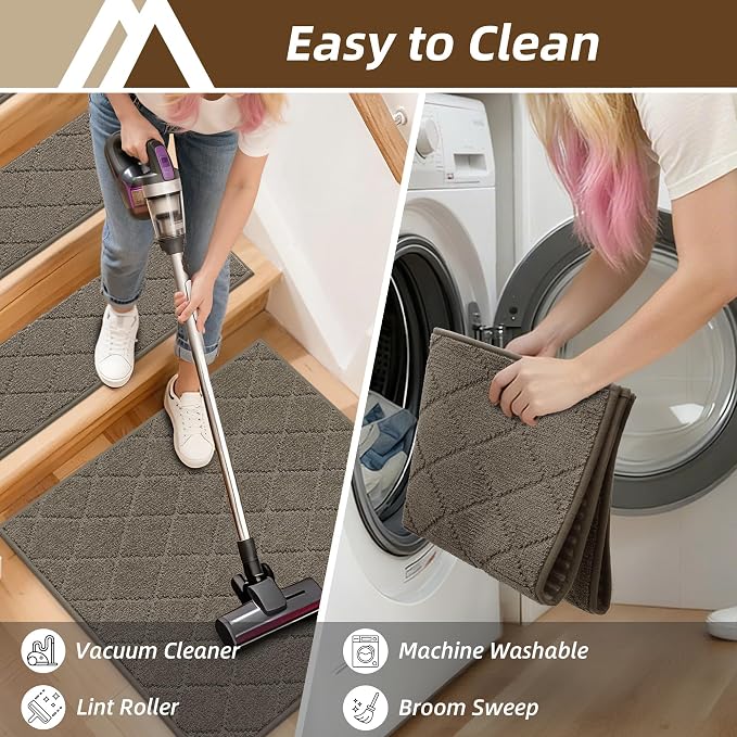 COSY HOMEER Stair Landing Rugs Non-Slip Corner Indoor Edging Stair Treads for Wooden Steps,Washable Soft Stair Landing Mat for Kids,Elder and Dogs,Polyester,TPE Backing,Light Brown,30x30inch