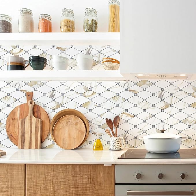 STICKGOO 10 Sheets Peel and Stick Backsplash, Calacatta Golden Stick on Mosaic Tiles for Kitchen Wall Decor, Self Adhesive Long Hexagon PVC Tile Kitchen Backsplash