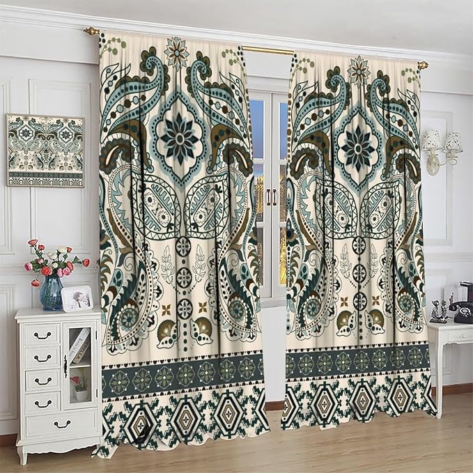 Bohemian-Style Curtains with Vintage Floral Patterns in Green and Brown Natural Tones; Blackout Curtains for Bedrooms, Living Rooms, and Kitchens63X63 Inch