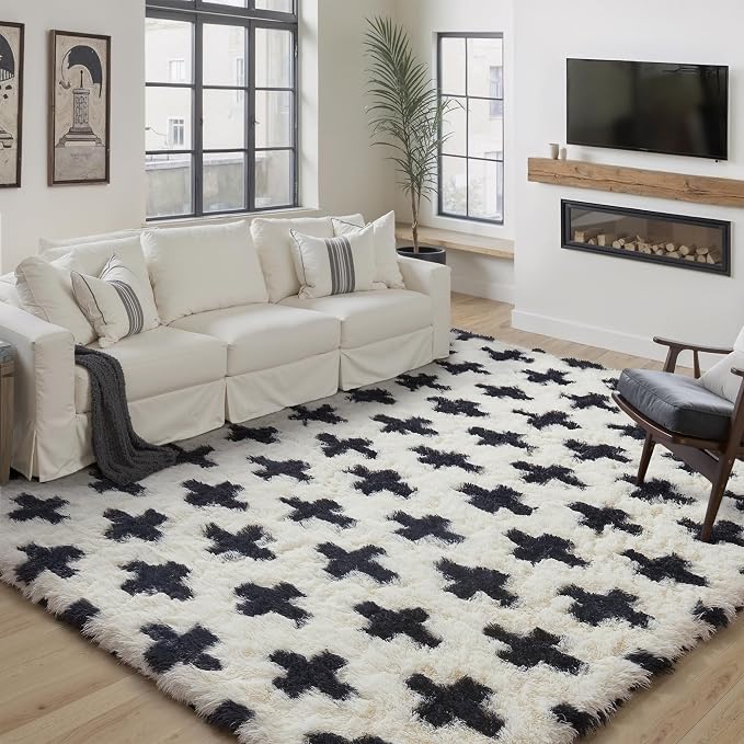 PureCozy Black and White Rug 6x9 for Living Room, Super Soft Modern Shag Rug Washable Fluffy Rugs Indoor Fuzzy Carpet Non-Slip Fluffy Rugs for Bedroom Home Aesthetic Decor