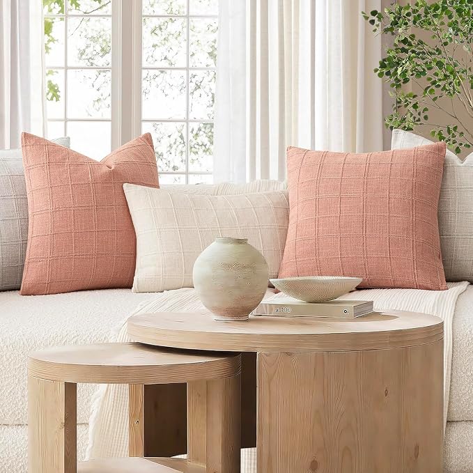 Foindtower Set of 2 Decorative Linen Check Throw Pillow Covers Neutral Farmhouse Vintage Cushion Covers Modern Boho Accent Home Decor for Sofa Chair Couch Bedroom Living Room,18×18 Inch,Coral Pink