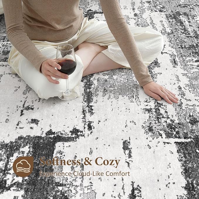 Area Rugs for Living Room: Abstract Washable Rug Modern Neutral Large Soft Stain Resistant Non-Slip Backing Machine Table for Bedroom Dining Room Indoor Home Office Carpet - 12x15 Black Grey