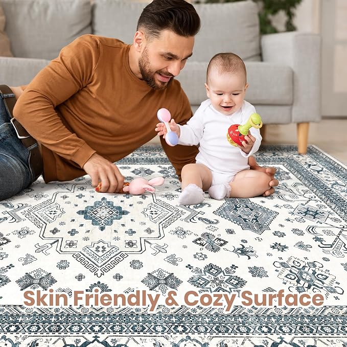 Vintage Living Room Area Rug 8x10 - Large Soft Washable Oriental Traditional Distressed Farmhouse Rugs for Bedroom - Indoor Floor Accent Carpet for Home Office House Decor - Powder Blue