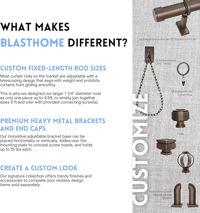 BlastHome® Non-Adjustable Luxury Extra Long Curtain Rod, 1 ¼” Rod Set, 13 foot Fixed Length (Three Rods Connect for a Seamless Look), Oil Rubbed Bronze