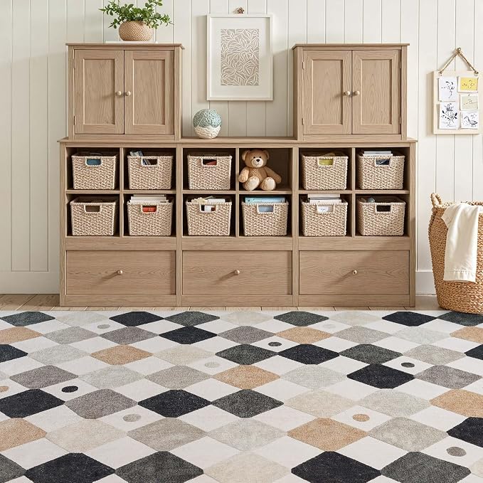 jinchan Macy 8x10 Kids Area Rug for Classroom Black and White Modern Colorful Nursery Rug Checkered Diamond Play Mat Washable Soft Non Slip Carpet for Playroom Living Room Bedroom Marble on Cream