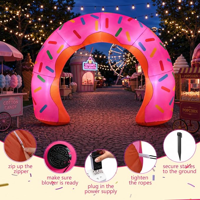 Jenaai 8ft Giant Donut Inflatable Arch Blow up Doughnut Inflatable Outdoor Yard Decorations with Built in LED Lights Outdoor Birthday Party Baby Shower Holiday Decor for Garden Lawn