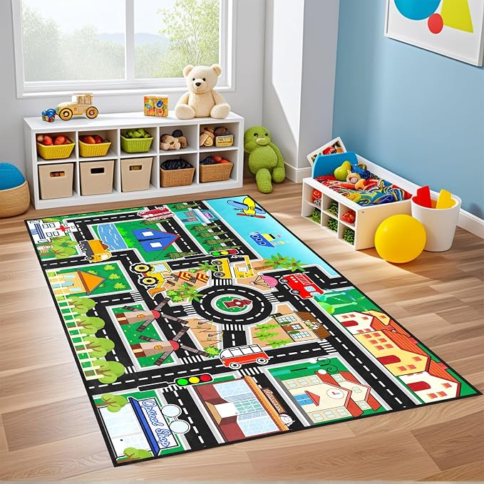 Car Rug Play Mat - Road Rug for Boys Room, Fun Race Track Traffic Road Carpet for Boys Playmat Educational Learn, Car Carpet for Room Decor Playmat Bedroom Playroom, 3x5 Feet