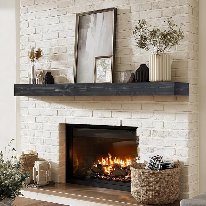 56x8x3 Fireplace Mantel - Handcrafted Hollow Rustic Solid Wood Wall Mounted Floating Shelf with Invisible Heavy Duty Wood Bracket (Weathered Black)