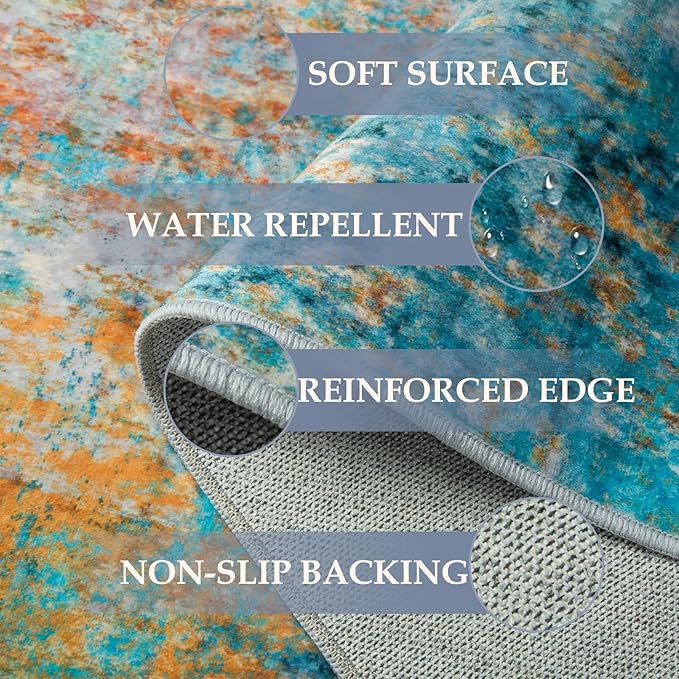 RELEANY Washable Area Rugs 5'x7' Non-Slip Modern Abstract Soft for Living Room Entryway Bedroom Kitchen, Print Pattern, Teal Blue Green Orange Rust Red Coloreful