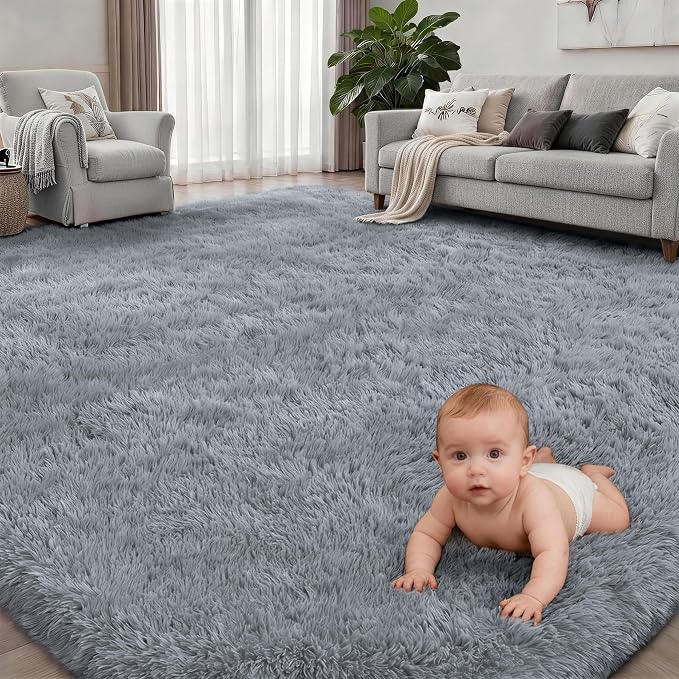 8x10 Area Rugs for Living Room Bedroom: Ultra Soft Fluffy Shag Rug Upgrade Non-Slip Non-Shedding Large Fuzzy Plush Carpet Indoor Floor Carpets for Kids Room Playroom Nursery Dorms Home Light Gray