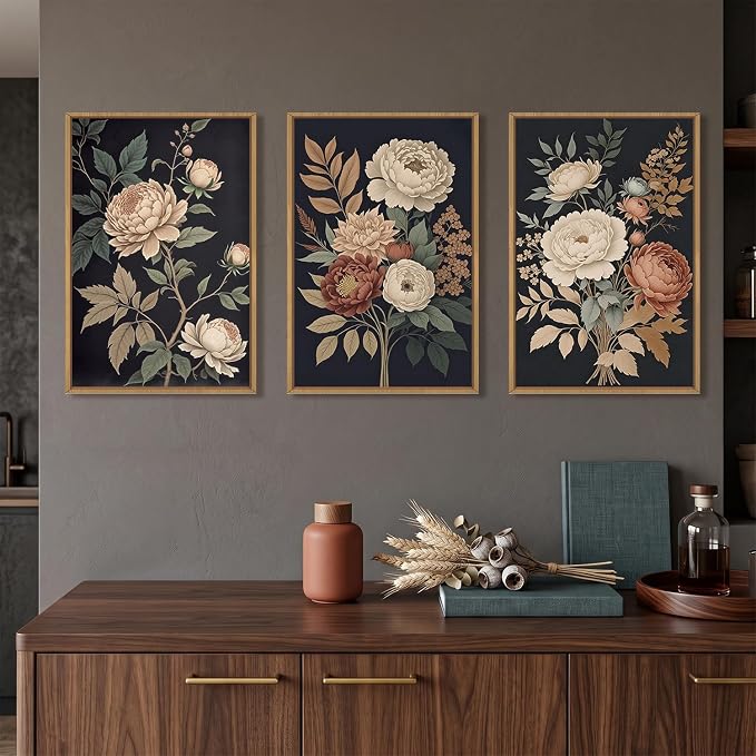 HOURIA Large Moody Dark Flower Framed Canvas Wall Art,Retro Beige Red Peony Wall Decor,Vintage Textured Blossom Botanical Artwork,Natural Wildflower Art Print for Living Room,Bedroom,Office-16 x24 x3
