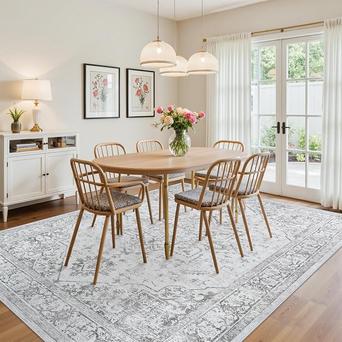 9x12 Area Rugs for Living Room:Gray Washable Vintage Medallion Rug Non-Slip Soft Low Pile Large Rugs Indoor Retro Carpet for Bedroom Kitchen Nursery Dining Table Office (Gray, 9'x12')