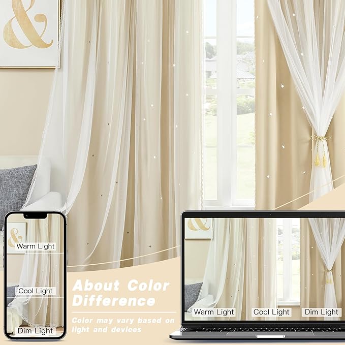 XiDi Biege Blackout Curtains 96 Inches Long for Bedroom Living Room 2 Panels Double Layer Curtains with Sheer Overlay Star Cut Out Wall Home Kid Girl Decor Thermal Grommet Window Drapes W52 X L96