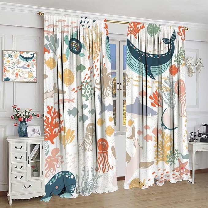 YCness Kids Sea Animal Curtains Funny Turtle Whale Ocean Colorful Art Printed Blackout Window Drapes for Boys Girls Bedroom Nursery Decor Fabric Set 2 Panel 42x45 Inch 80% Shading Rate