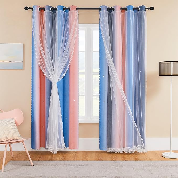 XiDi Girls Curtains for Bedroom 90 Inches Long 2 Panels Pink Grey Blue Rainbow Blackout Curtains for Little Girl Kids Room Decor Living Room, Princess Unicorn Wall Decals Drapes 52x90
