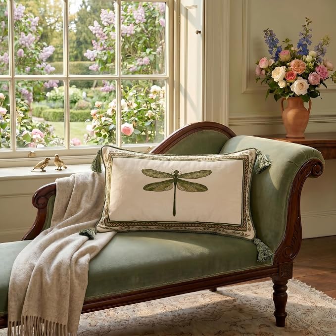 ISAENNE Designer Vintage French Velvet Throw Pillow Cover,20"x12"-Grace C | Pillow Cover,Concealed Zipper Design,Dragonfly Pattern,Sofas,Bedroom,Living Room,Lounge Chairs,All Season Home Decor
