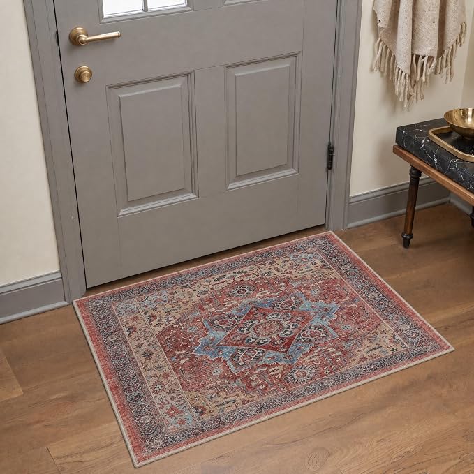 GENIMO Area Rug 2x3 Doormat, Machine Washable Low Pile Rugs, Floral Medallion Small Entryway Mat for Entrance, Hallway, Kitchen and Corridor, Dusty Red