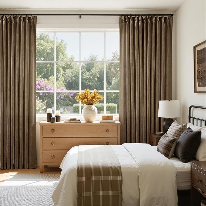 Extra Wide 84 Inch Long Curtains 70 Inch Wide Pinch Pleat Linen Curtains for Living Room Bedroom Light Filtering Privacy Pleated Drapes Hooks Rings Back Tab for Sliding Door Dutch Cocoa 1 Panel
