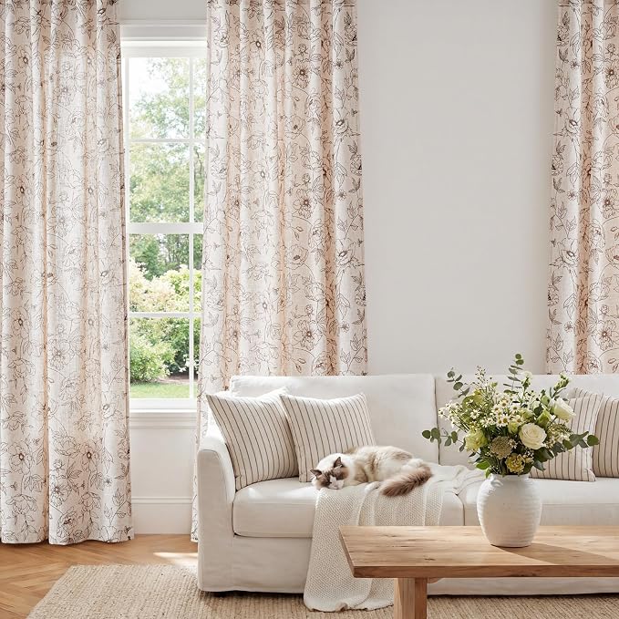 jinchan Floral Linen Curtains for Living Room 96 Inch Length Brown Flower Curtain Rod Pocket Back Tab Farmhouse Curtains with Printed Floral Bedroom Window Curtain Set, 2 Panels Brown