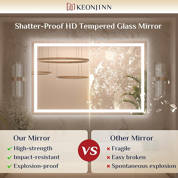 Keonjinn 48 x 40 Inch LED Bathroom Mirror with Lights, Bighter Frontlit & Backlit Vanity Mirror with Stepless Dimmable 3-Color, Anti-Fog Mirror for Wall, HD Tempered Glass, Memory Founction, CR90+