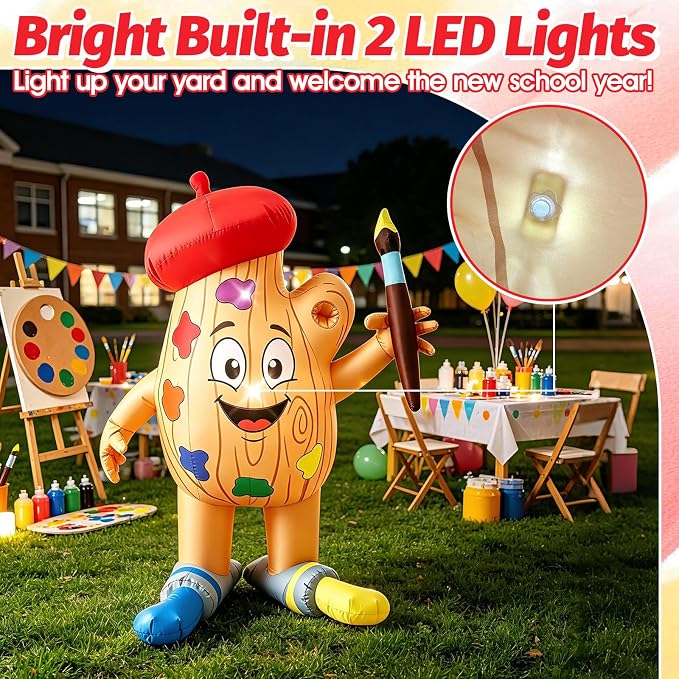 4FT Back to School Inflatable Palette Outdoor Decorations, Blow Up Artist Palette with Paintbrush Built-in 2 LED Lights for First Day of School & Art Paint Party, Classroom Yard Garden Photo Props