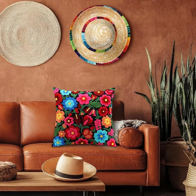 HunnmingRe Mexican Embroidered Throw Pillow with Insert 18 x 18 Inch Mexican Boho Embroidered Pillow Cover Decorative Fiesta Colorful Floral Cushion Decor for Sofa Living Room Couch Bedroom(Black)