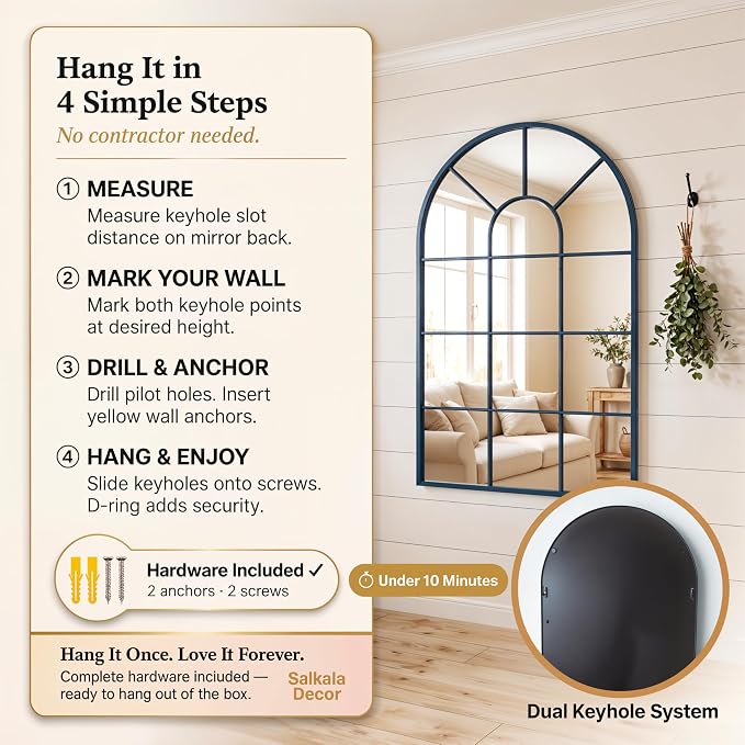 Blue Framed 48x28Inch Arched Window Pane Mirror| Arched Mirrors for Wall & Floor | Arch Mirror Full Length for Entryway Living Room & Bedroom | Oversized Mirrors | Wall Art Decorative |Farmhouse