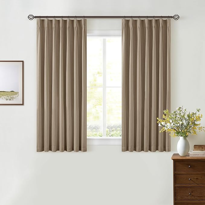 Light Brown Linen Blackout Curtains 45 Inch Length 2 Panels Pinch Pleated Back Tab Short Curtains for Kitchen with 100% Blackout Liner Rustic Farmhouse Drapes for Basement Thermal Insulated Drape