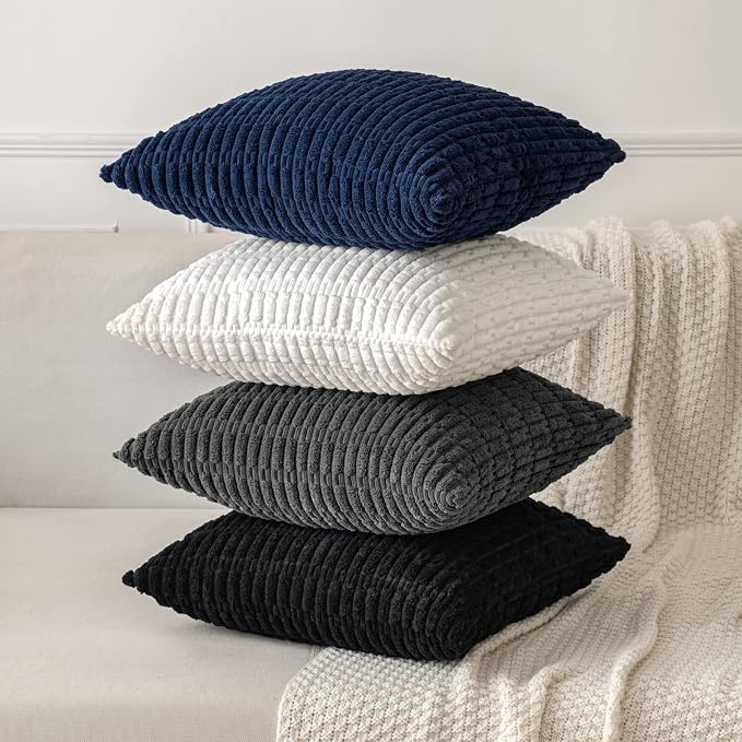 MIULEE Pack of 2 Corduroy Decorative Throw Pillow Covers 12x12 Inch Soft Boho Striped Pillow Covers Modern Farmhouse Home Decor for Summer Coastal Sofa Living Room Couch Bed Dark Blue