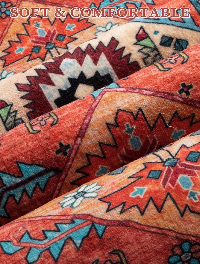 SERISSA Runner Rug for Hallways, 3x8 Washable Non Slip Kitchen Runner Rug, Long Boho Rug Vintage Orange Hallway Stair Ultra Soft Print Floor Carpet for Bedroom Bathroom Laundry Room