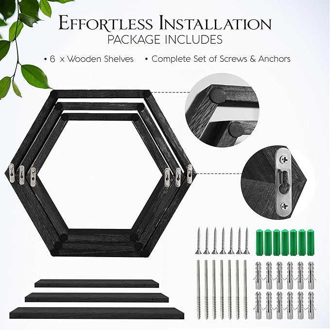 Hexagon Floating Shelves Set of 6 Honeycomb Shelves for Wall, Wooden Hexagon Shelves for Farmhouse Storage (Carbonized Black)