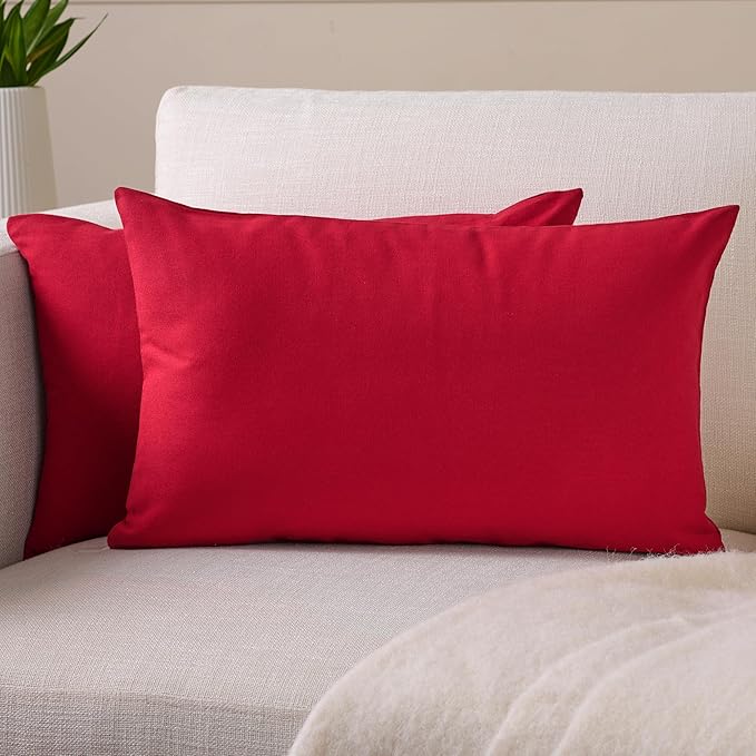 Encasa XO Throw Pillow Covers 12x20 in Set of 2 Deep Red | No Inserts | Cotton Pillow Covers for Living Room, Bed, Sofa, Couch | Decorative Cushion Covers with Improved Zipper