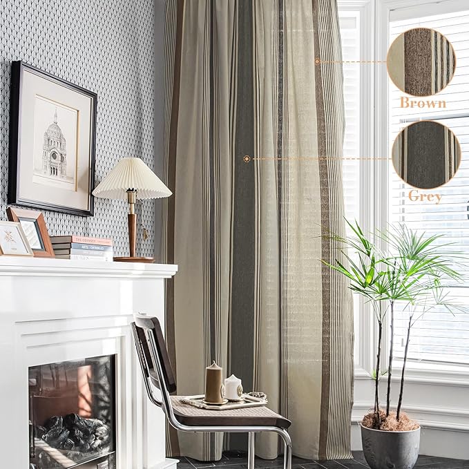 ColorBird Brown and Grey Striped Curtains 2 Panels Set, Modern Farmhouse Vintage Patterned Curtain 84 Inches Long, Light Filtering Window Treatment Drapes for Living Room Bedroom Doorways Closet