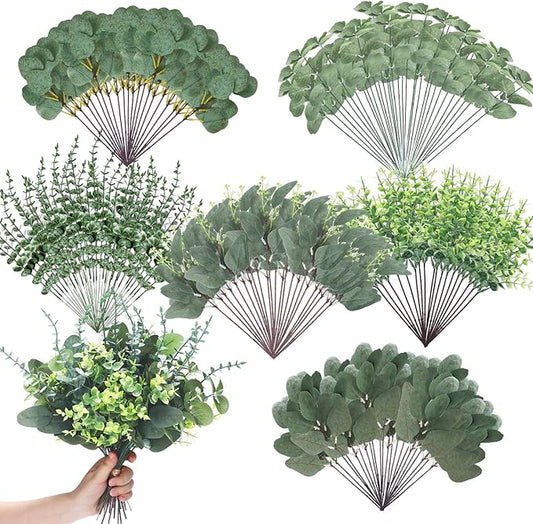 Ceenna 90 Pcs 6 Kinds Mixed Greenery Stem Artificial Faux Eucalyptus Leaves Silver Dollar Eucalyptus Picks and Sprays for Vase Dried Fake Greenery Filler Leaves Bundle for Wedding Floral Arrangement