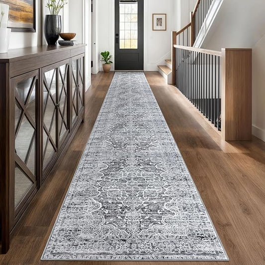 KUTA Extra Long Runner Rug for Hallway 2.6x18ft, Grey Blue White Vintage Washable Kitchen Runners, Non-Slip Stair Rugs Ultra Soft Printed Modern Floral Distressed Carpet for Bedroom Living Room