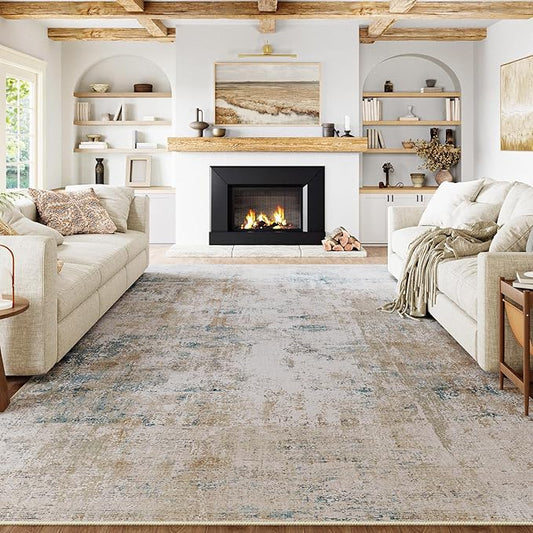 12x15 Area Rug Beige Blue Abstract Non Slip Soft Low Pile Washable Rug for Living Room Bedroom Dining Room Office Neutral Modern Indoor Extra Large Throw Carpet for Home Decor