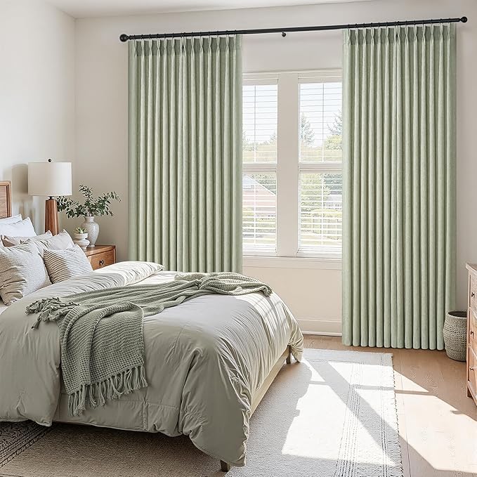 96 Inches Long Pinch Pleated Semi Sheer Curtains,Green Linen Blended Light Filtering Window Curtains 96 Length 2 Panels for Living Room Bedroom Pinch Pleat Drapes with Hooks 2 Panels 40" Wx96 L