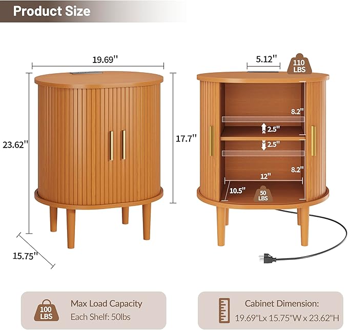DHH Mid Century Modern Nightstand Set of 2 with Charging Station,Fluted Accent Side Table with Sliding Door & Adjustable Shelf,End Table for Small Space, Living Room, Bedroom,Sofa Couch,Yellow Walnut